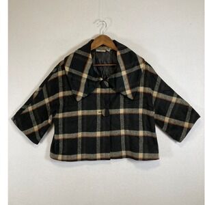 Dark Academia Uniform JPR Women L Grey Plaid Cropped‎ Oversized Collar Jacket